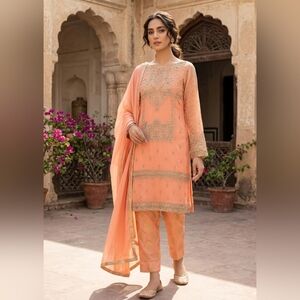 Chinyere - Peach and Gold Embroidered Chiffon 3 Piece Dress- Feative Wear